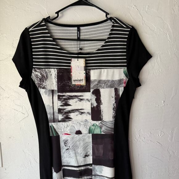 Smash! Graphic Patchwork‎ Print Dress NWT Size L Floral Stripe Colorblock Artsy - Picture 2 of 11